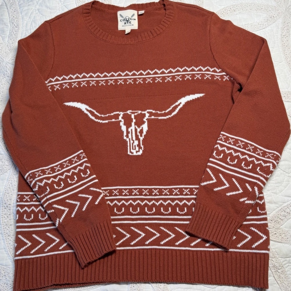 Cotton & Rye Longhorn Skull‎ Sweater Rust Orange Southwestern Womens Large
